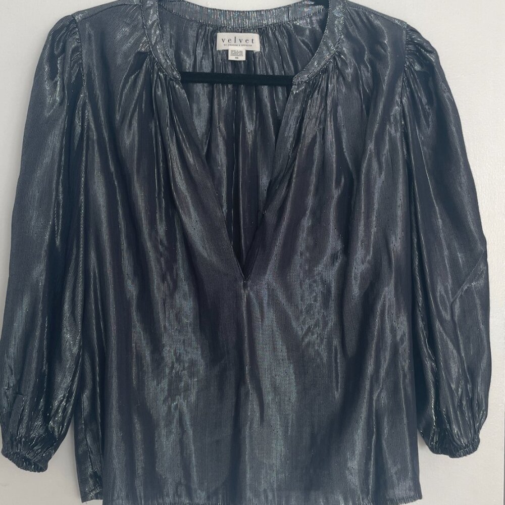 Velvet by Graham & Spencer Black and Silver Metallic Blouse (Size XS)